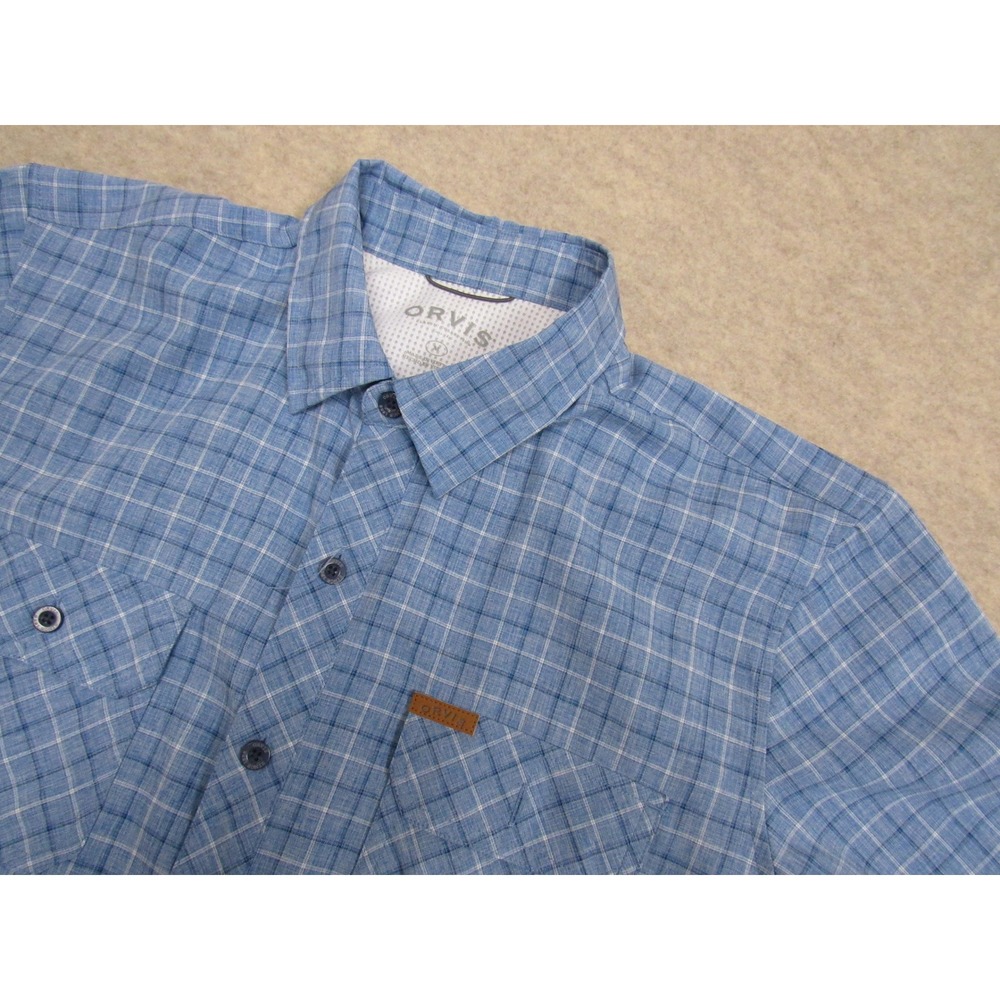 Orvis Mens Blue Plaid Short Sleeve Button Down Shirt Size Medium Classic Pocket